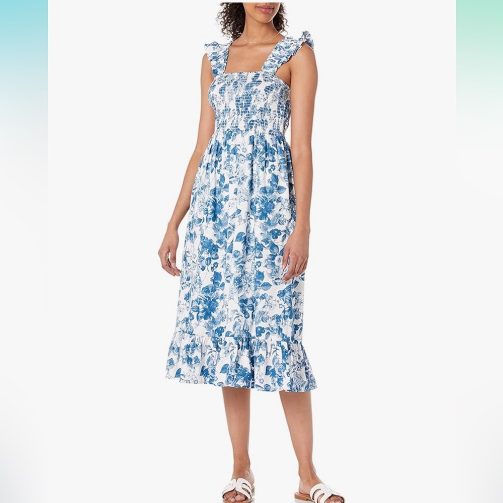 The Drop Kimi Floral Ruffled Sleeve Smocked top Midi Dress Medium